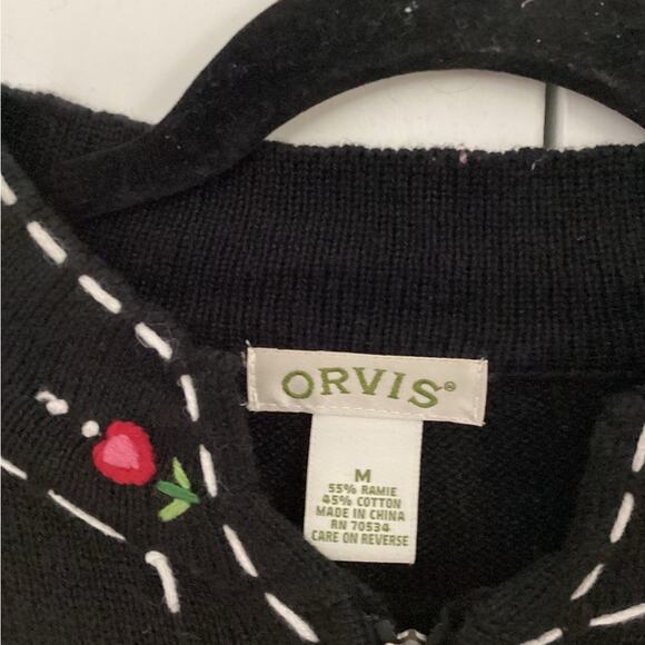Orvis Women's Full Zip Sweater Black Embroidered Hearts Floral Size M - Picture 3 of 6